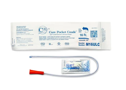 Cure Medical Pocket Catheter, Single, Male, 16” Coude Tip with Lubricant, 16 FR
