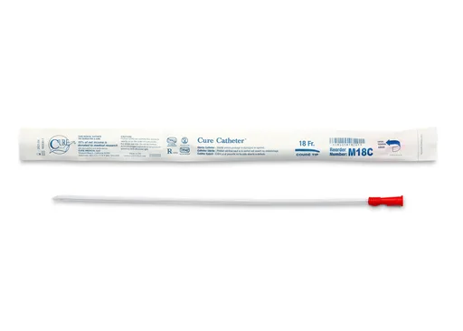 Cure Catheter Uncoated, Single, Male, 16” Coude Tip, 18 FR