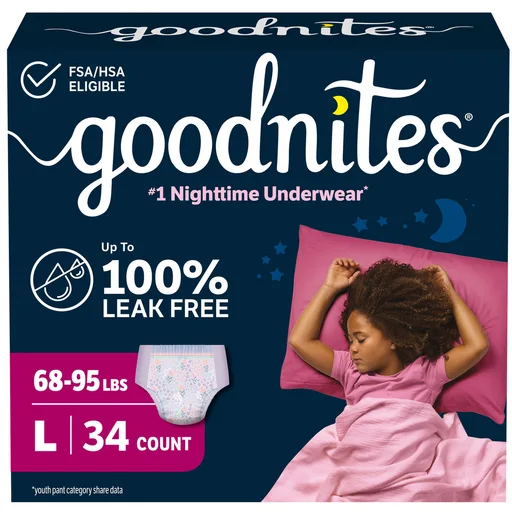 Goodnites Youth Pants for Girls, Large, Giga Pack