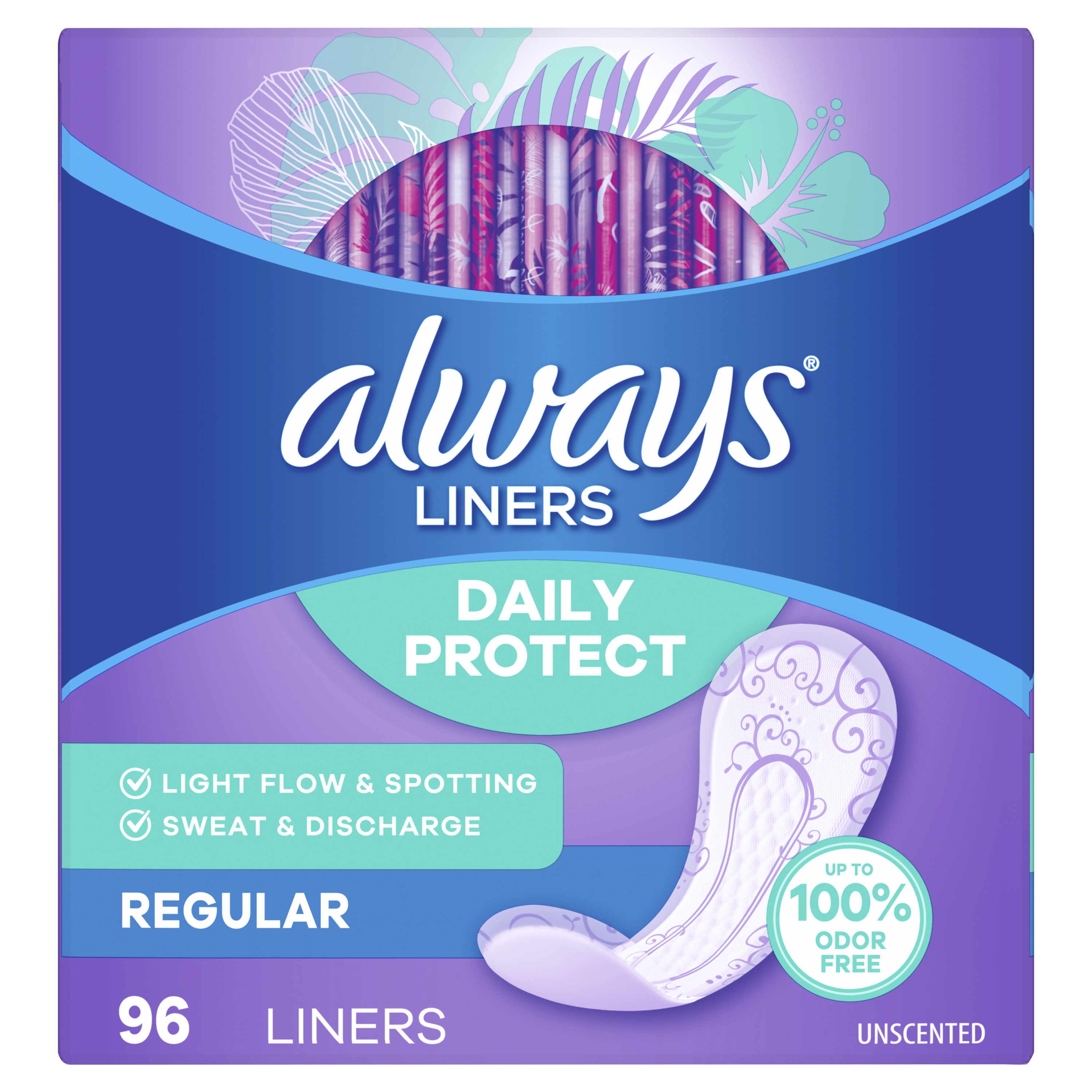 Always Daily Protect Liners, Regular Length, Unscented, 96 ct - REPLACES GCO80332998