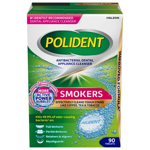 Polident Smokers Antibacterial Dental Appliance Cleanser Tablets, 90 Count