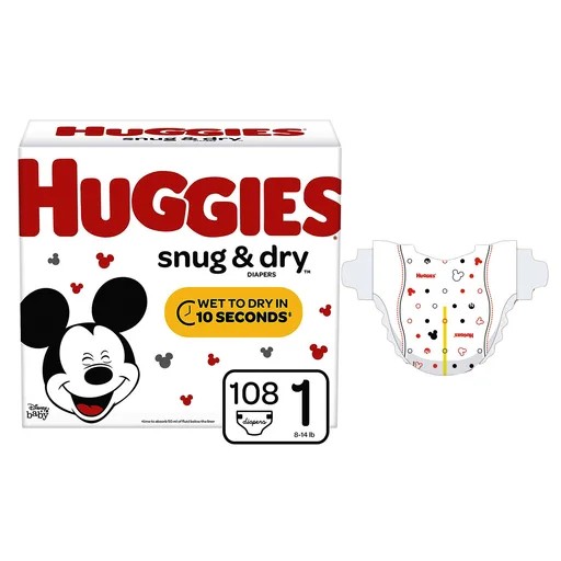 HUGGIES® Snug and Dry™ Baby Diaper, Size 1, Big Pack, 108 Count