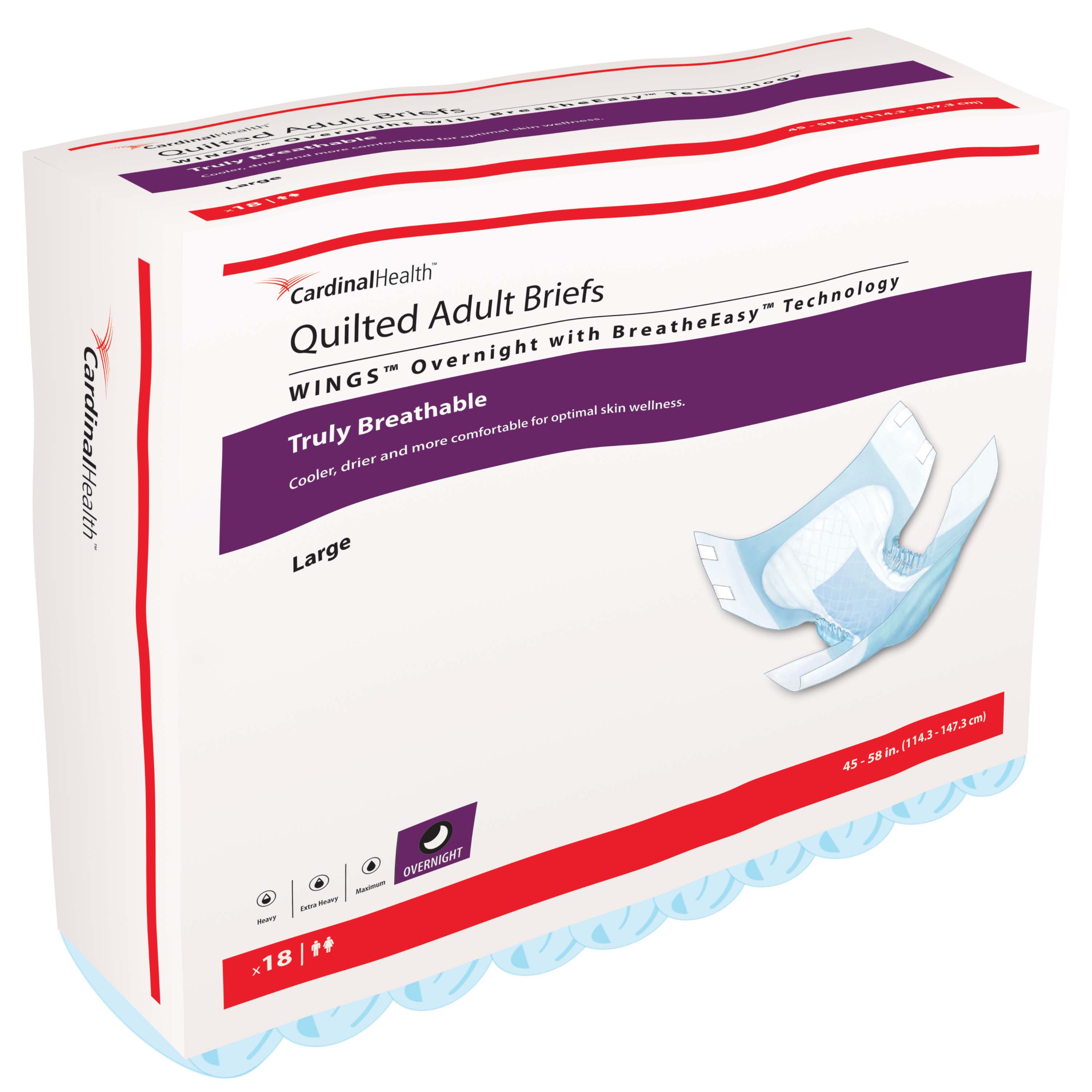 Cardinal Health, Quilted Adult Briefs, Wings™ Overnight, Large, 45" - 58"