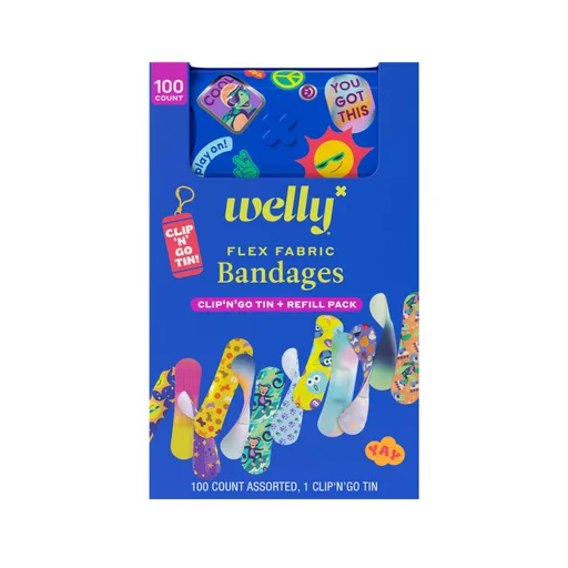 Welly Assorted Flex Fabric Adhesive Bandages, Clip N' Go Tin + Refill Pack, 100 ct
