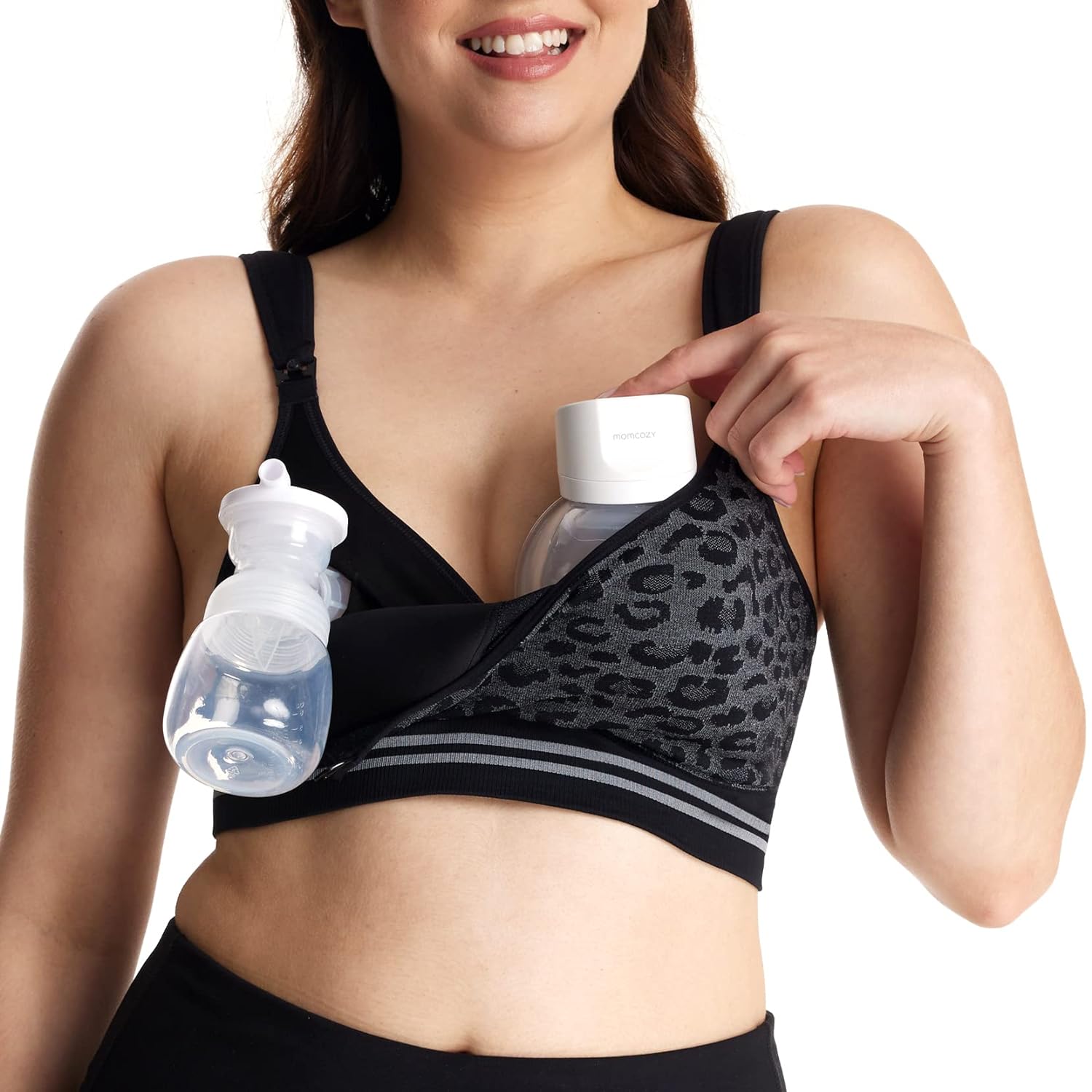 Momcozy 4-in-1 Hands Free Seamless Stretch Fabric Pumping Bra, Extra Large, Leopard Gray