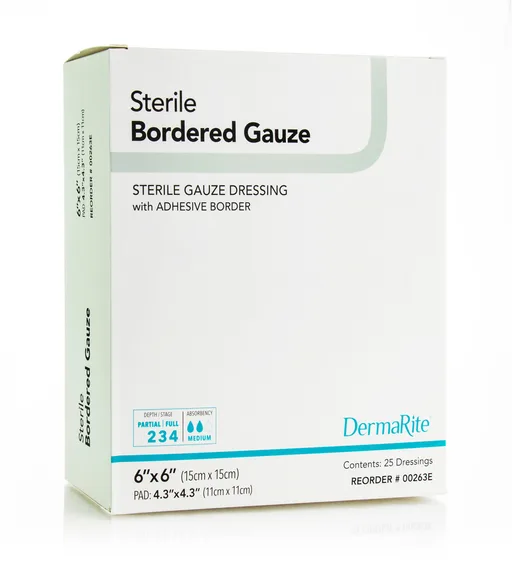 DermaRite Sterile Border Gauze with Adhesive Border, 6" x 6"