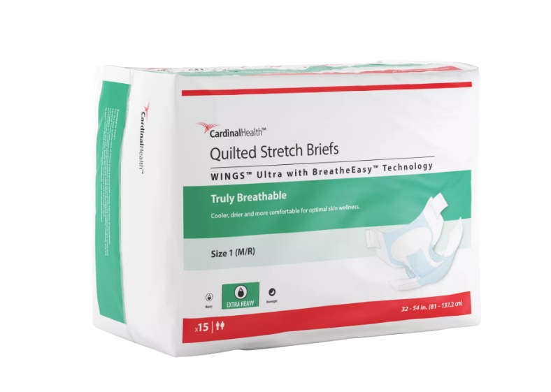 Cardinal Health WINGS Quilted Stretch Briefs, WINGS Ultra with BreatheEasy Technology, Blue, Size 1 (M/R)