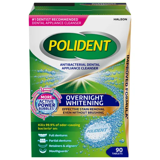 Polident Overnight Whitening Antibacterial Dental Appliance Cleanser Tablets, 90 Count