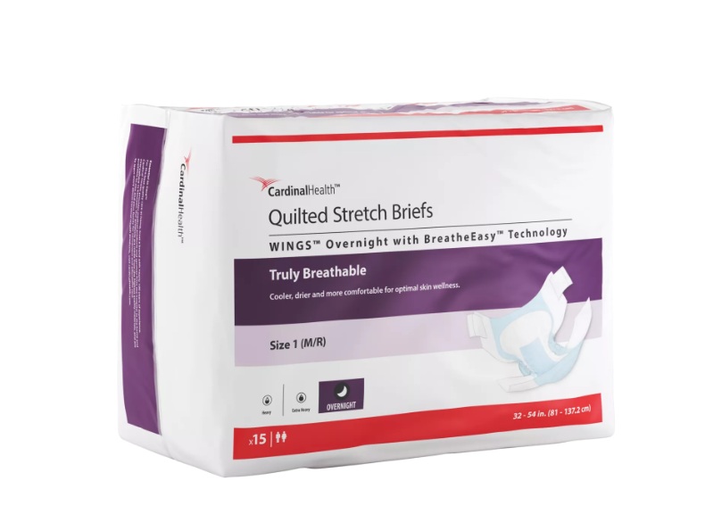 Cardinal Health WINGS Overnight Quilted Stretch Brief with BreatheEasy Technology, Size 1 (M/R), Blue