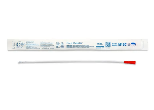 Cure Catheter Uncoated, Single, Male, 16” Coude Tip, 16 FR