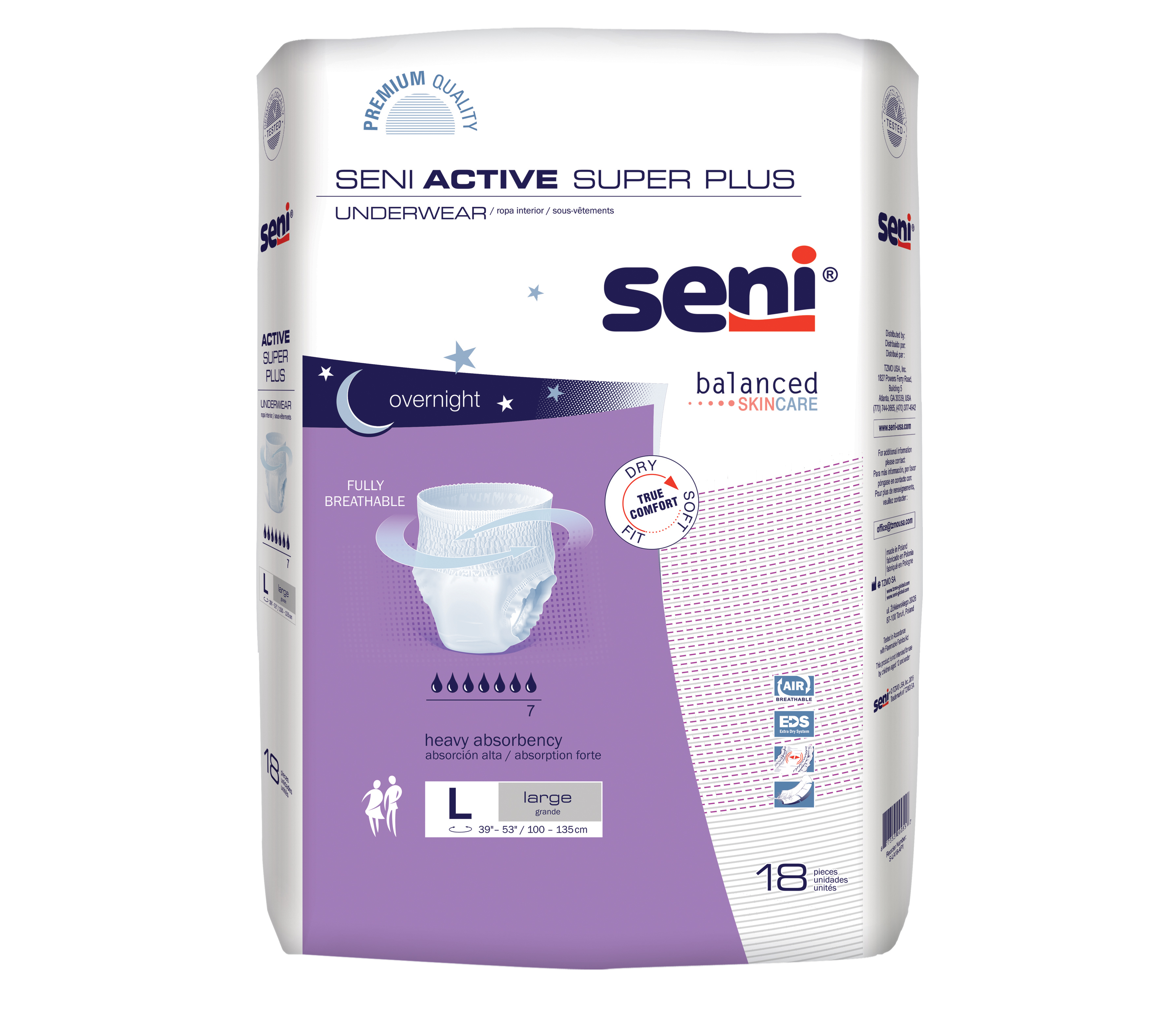 TZMO Seni Active Super Plus Pull-On Underwear, Large, 18 Count - 39" - 53"