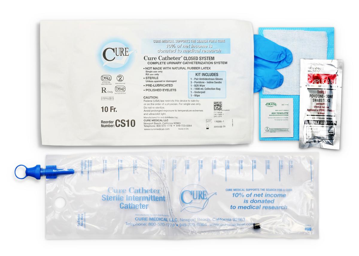 Cure Catheter® Closed System Kit, Unisex, Straight Tip with Integrated 1500 mL Collection Bag, 10 FR