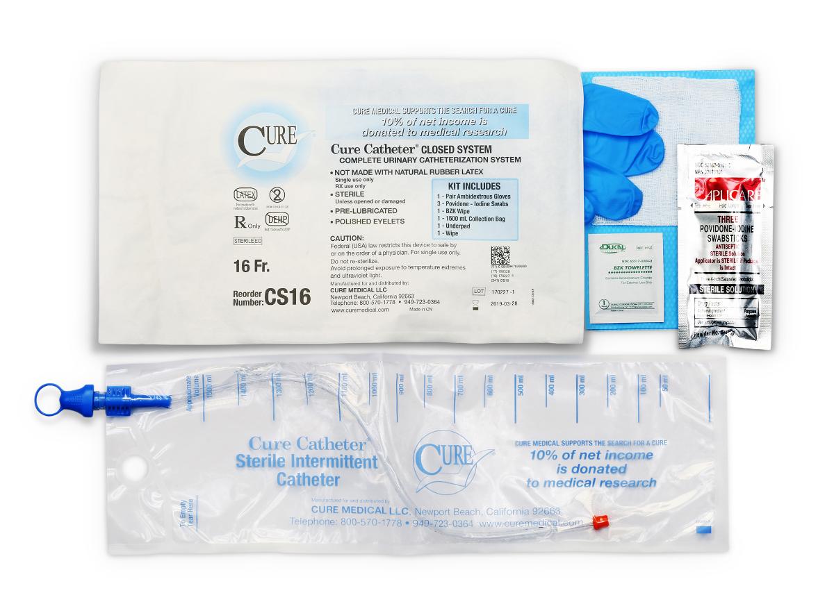 Cure Catheter® Closed System Kit, Unisex, Straight Tip with Integrated 1500 mL Collection Bag, 16 FR