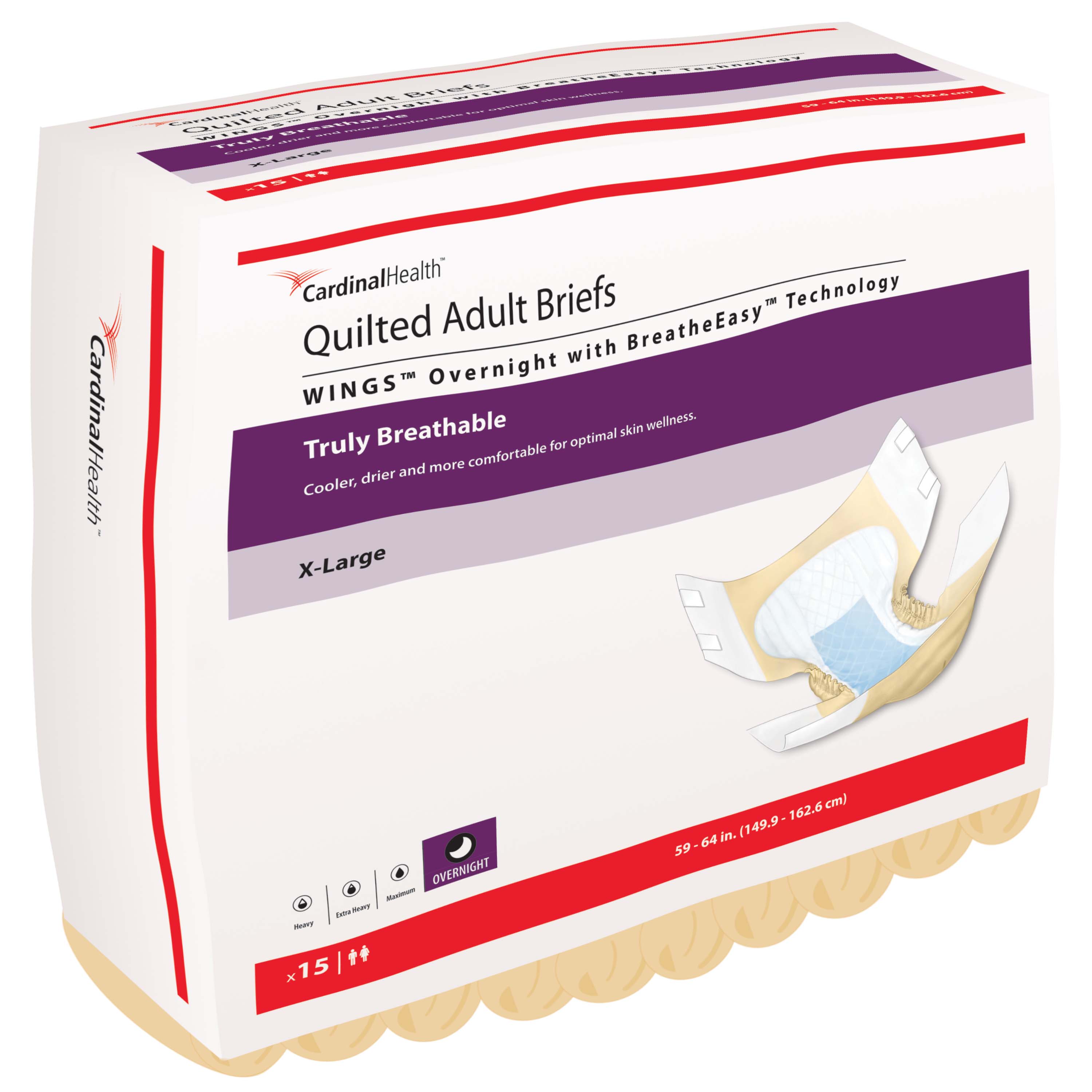 Cardinal Health, Quilted Adult Briefs, Wings™ Overnight, X-Large, 59" - 64"