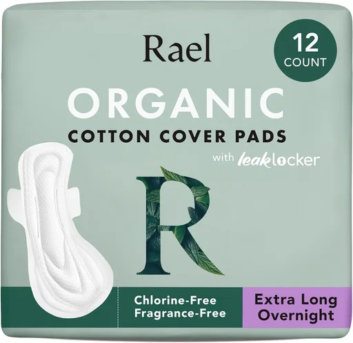 Rael Organic Cotton Cover Pads, Overnight, 12 ct