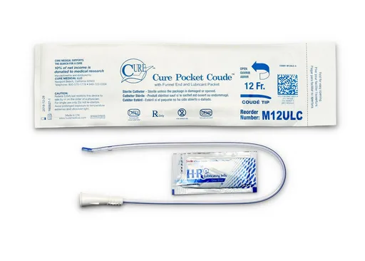 Cure Medical Pocket Catheter, Single, Male, 16” Coude Tip with Lubricant, 12 FR