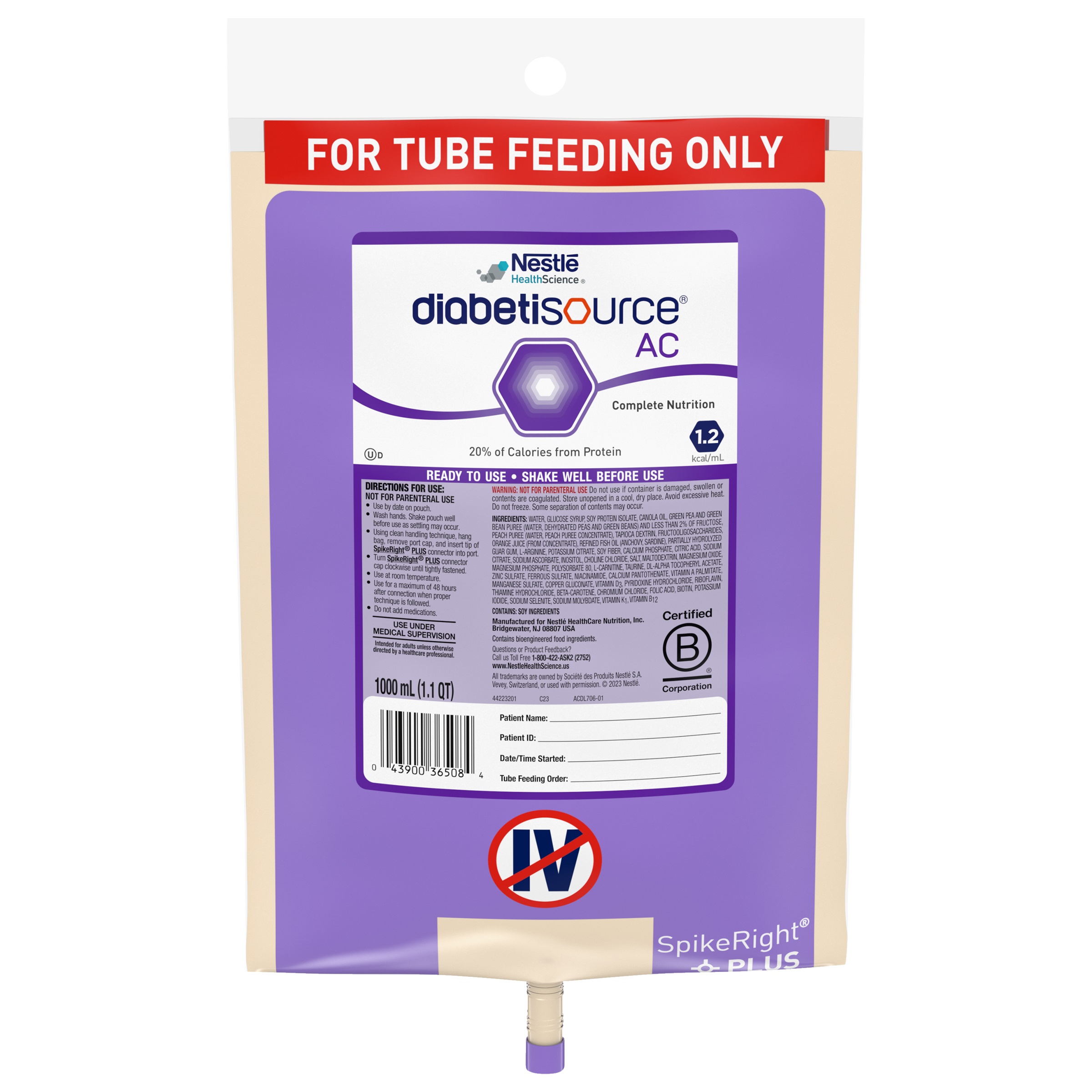 Nestle Healthcare Nutrition Diabetisource Advanced-control Tube Feeding SpikeRight Liquid 1000mL Closed System container, 300kCal, Lactose-free, Gluten-free