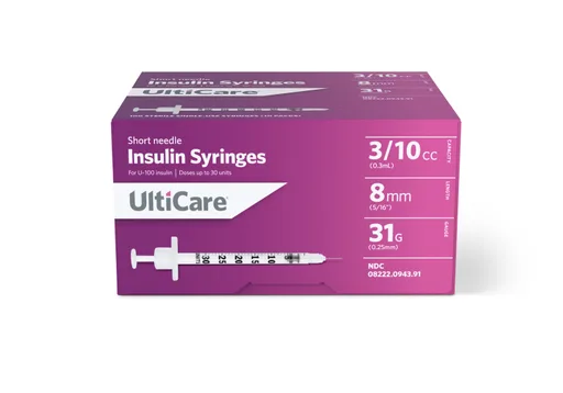 Ultimed UltiCare Short Needle Insulin Syringe 3/10cc, 31G x 5/16" Needle