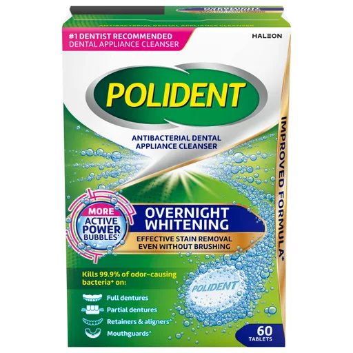 Polident Overnight Whitening Antibacterial Dental Appliance Cleanser Tablets, 60 Count