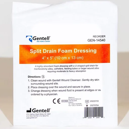 Gentell Non-Bordered Split Drain Dressing, 4" x 5"