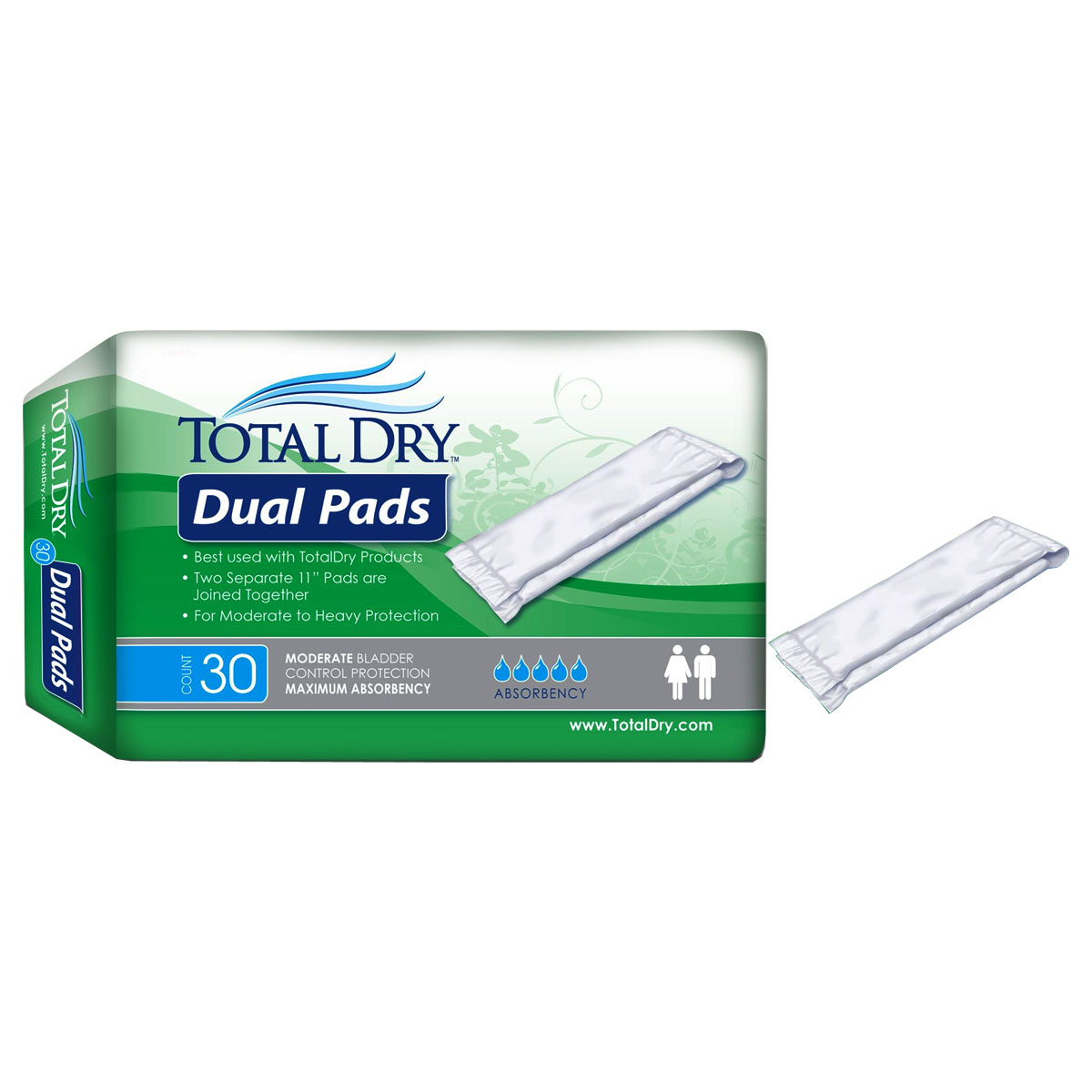 Secure Personal Care TotalDry Dual Incontinence Pad, 1000mL Capacity, 11"